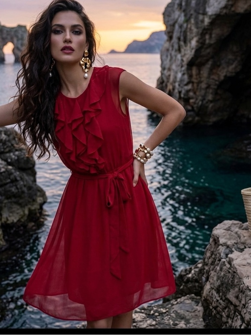 CATO “Emma & Michelle” Colorful Red Ruffled SZ 10 chiffon sleeveless dress NEW
